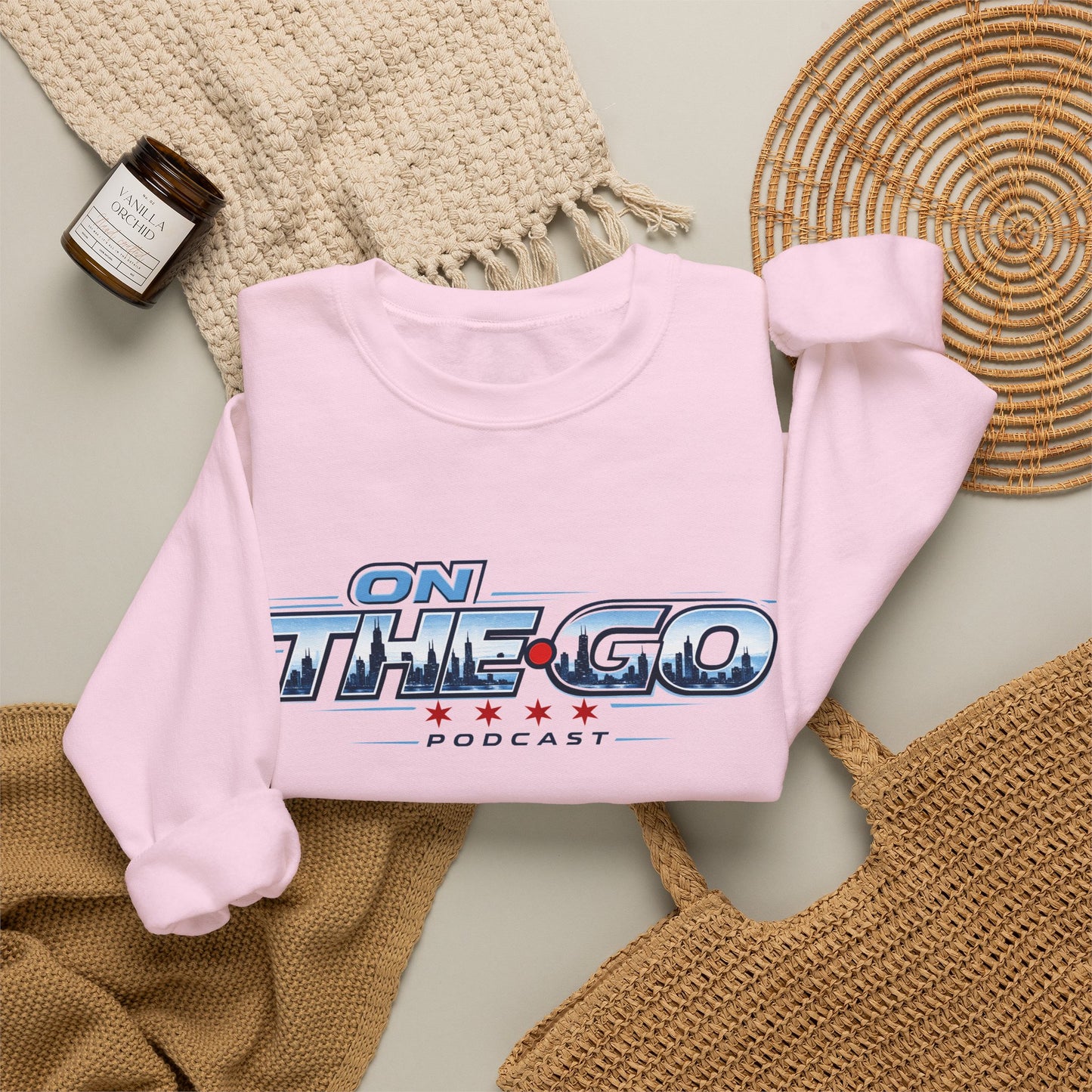 Crewneck Sweatshirt — "On The Go Podcast" Retro Logo (Chicago Flag Accent)