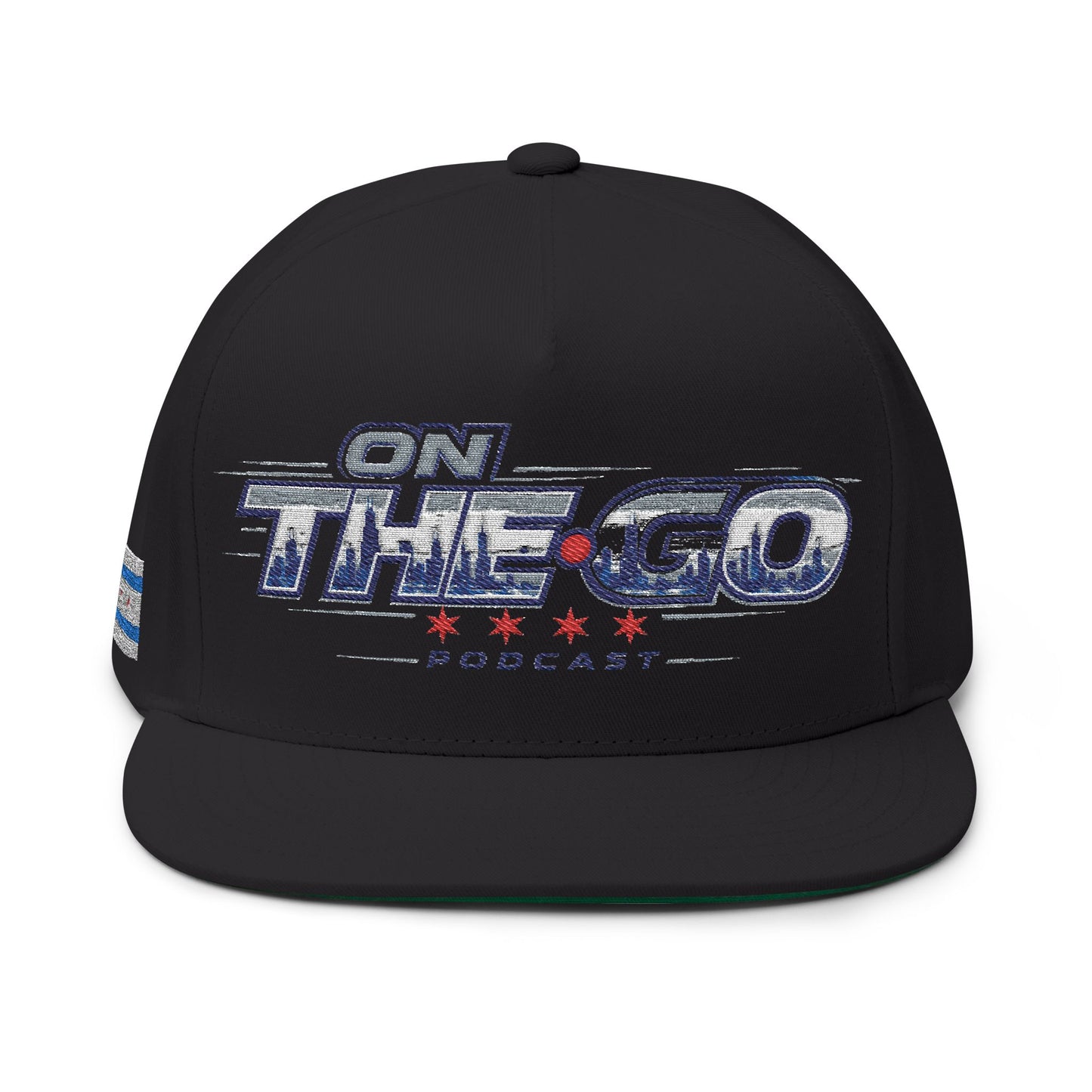 On The Go Embroidered Flat Bill Cap – Retro Podcast Logo Snapback