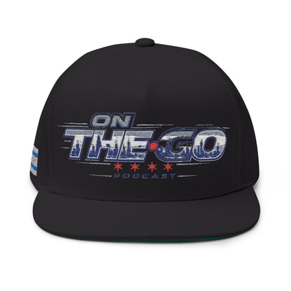 On The Go Embroidered Flat Bill Cap – Retro Podcast Logo Snapback
