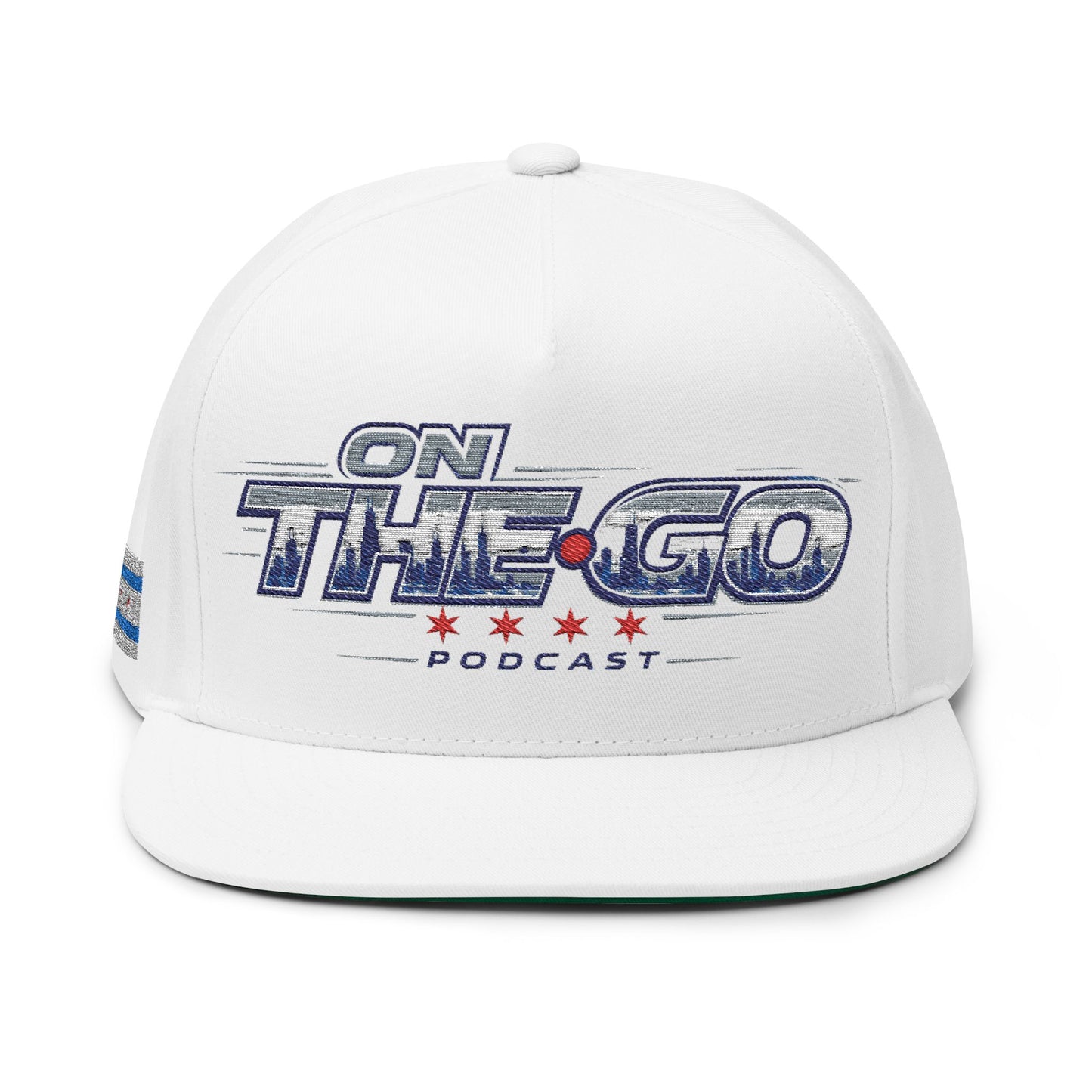 On The Go Embroidered Flat Bill Cap – Retro Podcast Logo Snapback