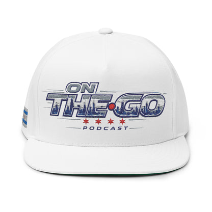 On The Go Embroidered Flat Bill Cap – Retro Podcast Logo Snapback