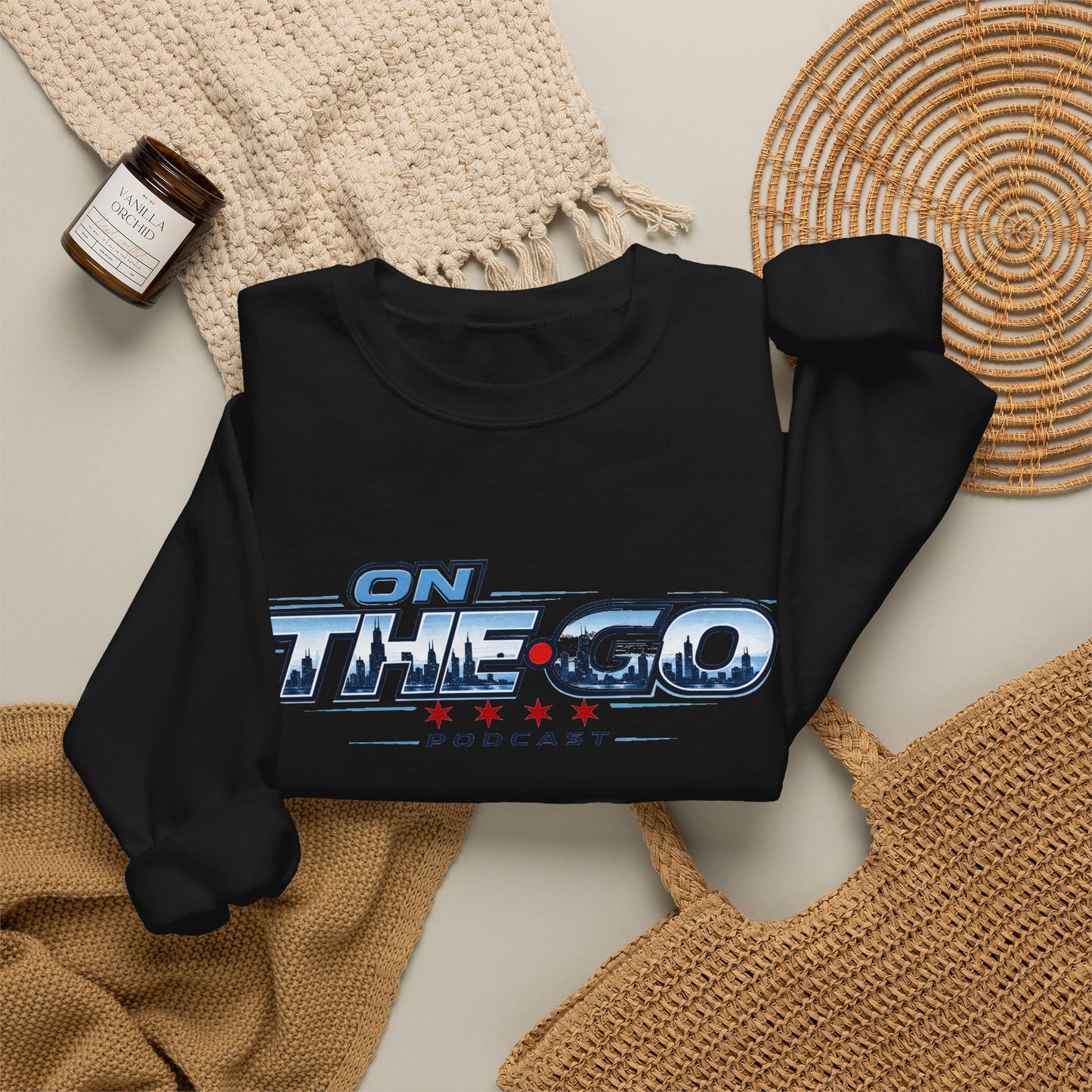 Crewneck Sweatshirt — "On The Go Podcast" Retro Logo (Chicago Flag Accent)