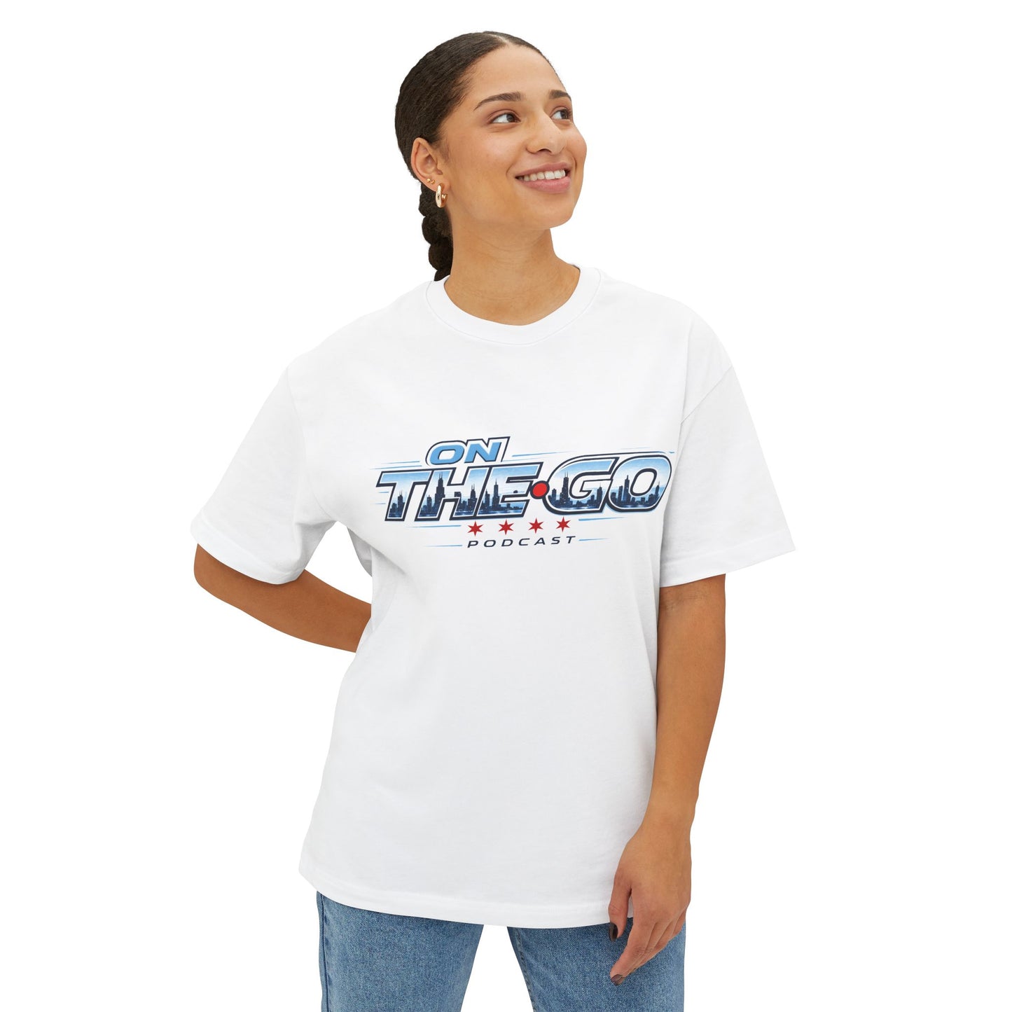 On The Go Podcast Oversized Tee — Retro Travel Vibe Graphic T-Shirt