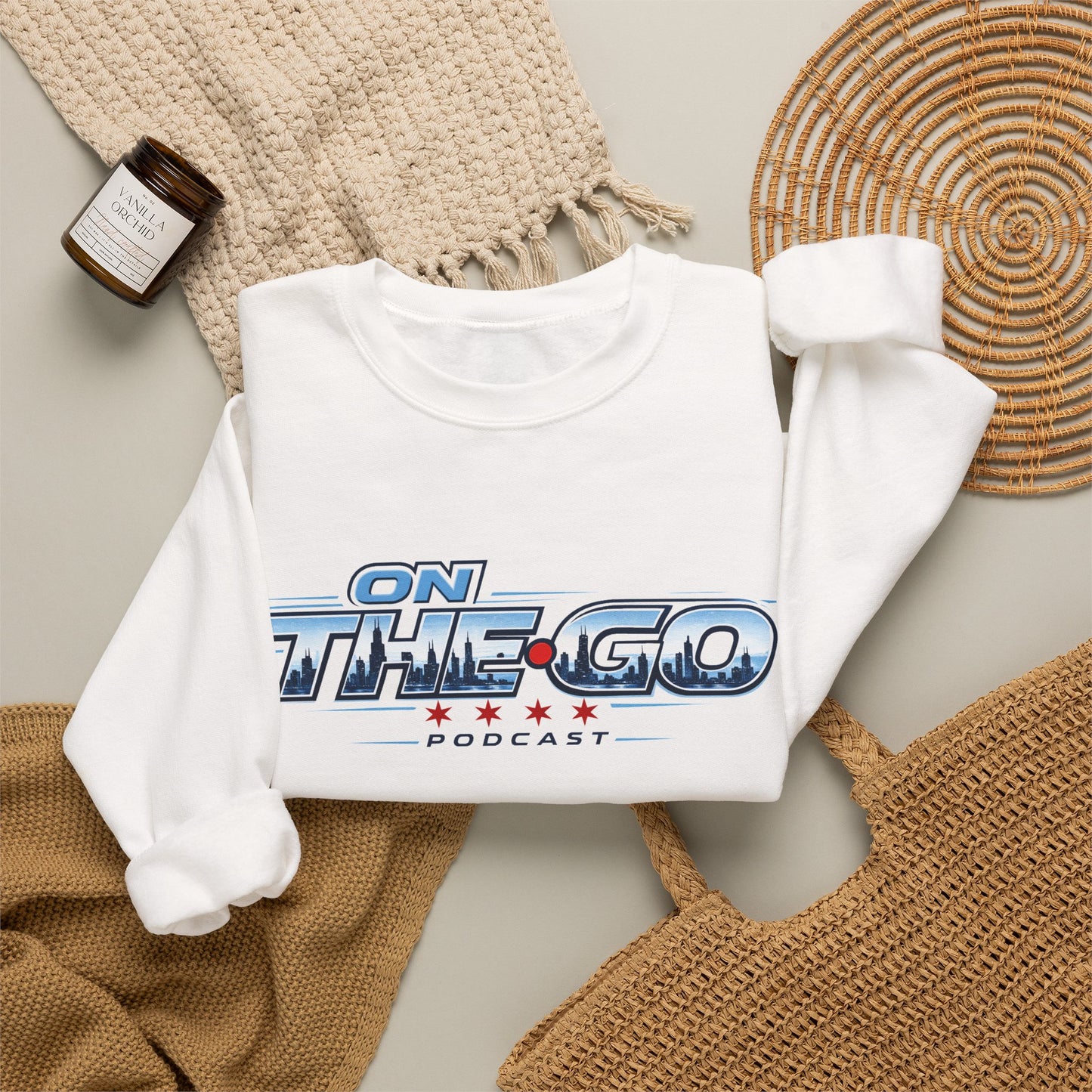 Crewneck Sweatshirt — "On The Go Podcast" Retro Logo (Chicago Flag Accent)