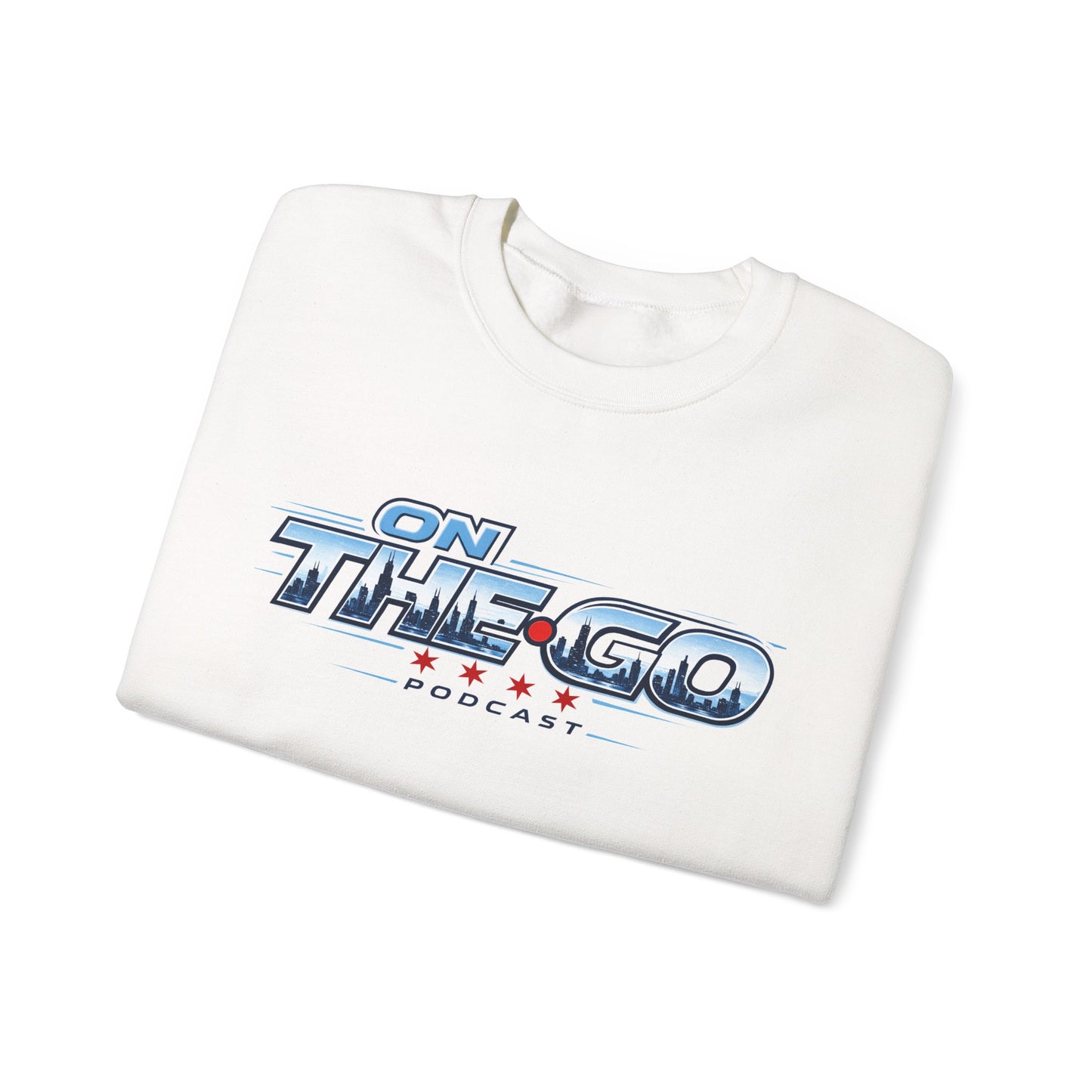 Crewneck Sweatshirt — "On The Go Podcast" Retro Logo (Chicago Flag Accent)