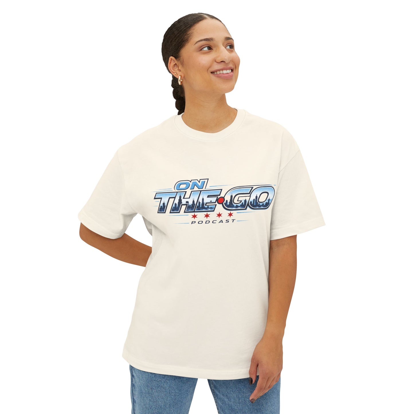 On The Go Podcast Oversized Tee — Retro Travel Vibe Graphic T-Shirt